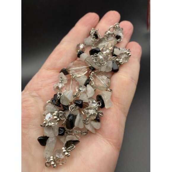 Rutilated Quartz Onyx Necklace Chip Facet Crystal Silver Tone 28+2" 5.5" Dangle - Picture 12 of 12